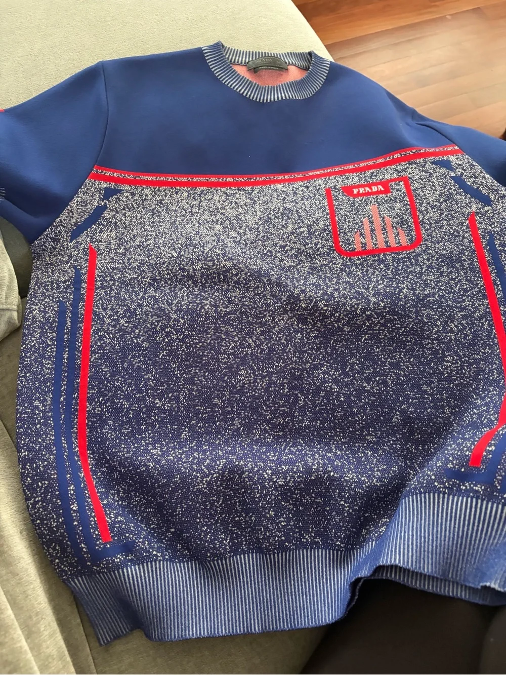 Prada Blue Short-Sleeve Crewneck Sweater with Red Trim